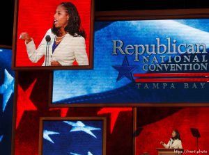 Trent Nelson  |  The Salt Lake Tribune Utah congressional candidate Mia Love speaks on the first day of the Republican National Convention in Tampa, Florida, Tuesday, August 28, 2012.