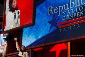Trent Nelson  |  The Salt Lake Tribune Utah congressional candidate Mia Love speaks on the first day of the Republican National Convention in Tampa, Florida, Tuesday, August 28, 2012.