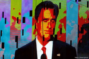 Trent Nelson  |  The Salt Lake Tribune Images on the scoreboard LCD screen during Mitt Romney's speech at the Republican National Convention in Tampa, Florida, Thursday, August 30, 2012.