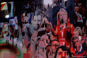 Trent Nelson  |  The Salt Lake Tribune Images on the scoreboard LCD screen during Mitt Romney's speech at the Republican National Convention in Tampa, Florida, Thursday, August 30, 2012.