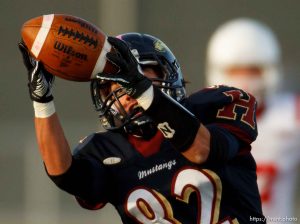 Trent Nelson  |  The Salt Lake Tribune Herriman's Jordan Drage pulls in a reception. Herriman vs. East high school football, Saturday October 27, 2012 in Herriman, Utah.