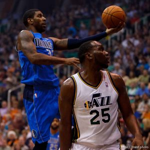 Trent Nelson  |  The Salt Lake Tribune Dallas's O.J. Mayo shoots over Utah Jazz center/forward Al Jefferson (25) as the Utah Jazz host the Dallas Mavericks, NBA basketball, Wednesday October 31, 2012 at EnergySolutions Arena in Salt Lake City, Utah.