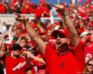 Trent Nelson  |  The Salt Lake Tribune Utah fans cheer on their team as Utah hosts Washington State, college football at Rice-Eccles Stadium Saturday November 3, 2012 in Salt Lake City.