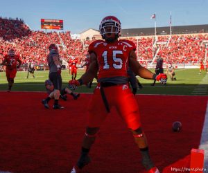 Trent Nelson  |  The Salt Lake Tribune Utah running back John White (15) celebrates a touchdown run as Utah hosts Washington State, college football at Rice-Eccles Stadium Saturday November 3, 2012 in Salt Lake City.