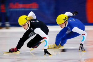Trent Nelson  |  The Salt Lake Tribune Alyson Dudek (367, right) took the lead from Emily Scott to take first in the Ladies 1000 Meters Semifinal during the US Short Track Championship at the Olympic Oval in Kearns, Saturday December 22, 2012.