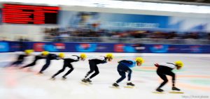 Trent Nelson  |  The Salt Lake Tribune
Skaters take a corner in the Mens 3000 Meters Final at the US Short Track Championship at the Olympic Oval in Kearns, Saturday December 22, 2012.