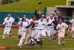 Trent Nelson  |  The Salt Lake Tribune
Snow Canyon players rush the field after defeating Desert Hills High School for the 3A boys baseball state championship in Orem Saturday May 18, 2013.