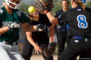 Trent Nelson  |  The Salt Lake Tribune
Bingham's Taylor Clemens throws to first as Copper Hills defeats Bingham High School in the 5A softball tournament in Taylorsville Wednesday May 22, 2013. Alta Academy.