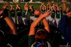 Trent Nelson  |  The Salt Lake Tribune
Copper Hills players celebrate after defeating Bingham High School in the 5A softball tournament in Taylorsville Wednesday May 22, 2013. Alta Academy.