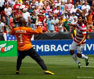 Trent Nelson  |  The Salt Lake Tribune USA's Chris Wondolowski knocks the ball over Cuba goalkeeper Odelin Molina for a second half goal as the United States faces Cuba in CONCACAF Gold Cup soccer at Rio Tinto Stadium in Sandy, Saturday July 13, 2013.