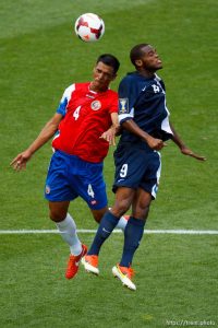 Trent Nelson  |  The Salt Lake Tribune Costa Rica's Michael Umana and Belize's Deon McCaulay head the ball as Costa Rica defeats Belize 1-0 in CONCACAF Gold Cup soccer at Rio Tinto Stadium in Sandy, Saturday July 13, 2013.
