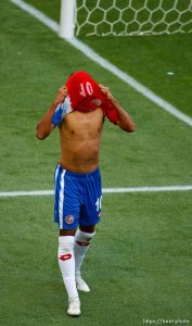 Trent Nelson  |  The Salt Lake Tribune Costa Rica's Osvaldo Rodriguez pulls his jersey over his face after nearly scoring a goal as the Costa Rica defeats Belize 1-0 in CONCACAF Gold Cup soccer at Rio Tinto Stadium in Sandy, Saturday July 13, 2013.
