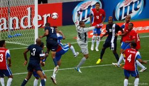 Trent Nelson  |  The Salt Lake Tribune Costa Rica goalkeeper Patrick Pemberton, center, defending the goal as the Costa Rica defeats Belize 1-0 in CONCACAF Gold Cup soccer at Rio Tinto Stadium in Sandy, Saturday July 13, 2013.