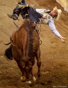 Trent Nelson  |  The Salt Lake Tribune Matthew Smith competing in Championship Bareback Riding at the Days of '47 Rodeo at EnergySolutions Arena in Salt Lake City Saturday July 20, 2013.