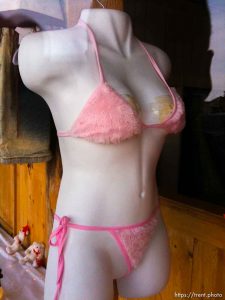 pink furry bikini on mannequin.