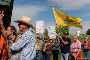 Trent Nelson  |  The Salt Lake Tribune A group of people listened to San Juan County Commissioner Phil Lyman in Blanding's Centennial Park Saturday May 10, 2014, prior to an ATV ride into Recapture Canyon, closed to motorized use since 2007 to protect the seven-mile long canyon's archeological sites.
