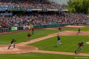 Trent Nelson  |  The Salt Lake Tribune Over 12,000 students from Utah schools showed up Tuesday May 20, 2014 to Smith's Ballpark to watch the Salt Lake Bees play the Albuquerque Isotopes in a AAA baseball matchup, in Salt Lake City.