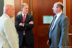 Trent Nelson  |  The Salt Lake Tribune
Bruce Wisan, the United Effort Plan trust administrator, Attorney Jeff Shields and Assistant Attorney General David Wolf wait for a hearing to begin in Elissa Wall's 