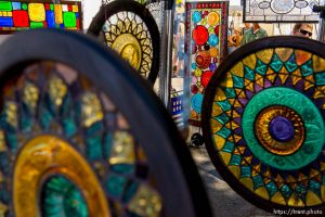 Trent Nelson  |  The Salt Lake Tribune
The glass work of Providence, Utah artist Nikki Root, on display at the 2014 Utah Arts Festival in Salt Lake City, Saturday June 28, 2014. If you haven't made it down there yet and plan to, Sunday's your last chance. Admission is $12 at the gate, free for children 12 and under.