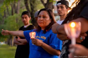 Trent Nelson  |  The Salt Lake Tribune Ana Canenguez, a Salvadoran facing deportation, speaks at a vigil in Liberty Park in Salt Lake City, Wednesday July 9, 2014. The vigil was against any deportation of unaccompanied migrant children being held in large numbers at the border.