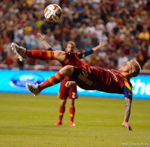 Trent Nelson  |  The Salt Lake Tribune Real Salt Lake's Luke Mulholland (19) takes a bicycle kick, narrowly missing the score, as Real Salt Lake hosts Vancouver Whitecaps FC at Rio Tinto Stadium in Sandy, Saturday July 19, 2014.