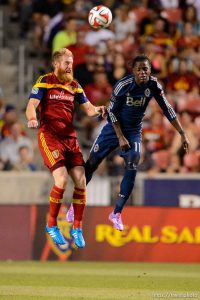 Trent Nelson  |  The Salt Lake Tribune Real Salt Lake's Nat Borchers (6) heads the ball, Vancouver's Darren Mattocks (11), as Real Salt Lake hosts Vancouver Whitecaps FC at Rio Tinto Stadium in Sandy, Saturday July 19, 2014.