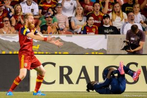 Trent Nelson  |  The Salt Lake Tribune Real Salt Lake's Nat Borchers (6) protests a penalty in the box, on Vancouver's Darren Mattocks (11), as Real Salt Lake hosts Vancouver Whitecaps FC at Rio Tinto Stadium in Sandy, Saturday July 19, 2014.