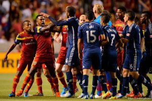 Trent Nelson  |  The Salt Lake Tribune Real Salt Lake and Vancouver Whitecaps players trade shoves at Rio Tinto Stadium in Sandy, Saturday July 19, 2014.
