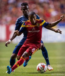 Trent Nelson  |  The Salt Lake Tribune Real Salt Lake's Joao Plata (8) with the ball, as Real Salt Lake hosts Vancouver Whitecaps FC at Rio Tinto Stadium in Sandy, Saturday July 19, 2014.