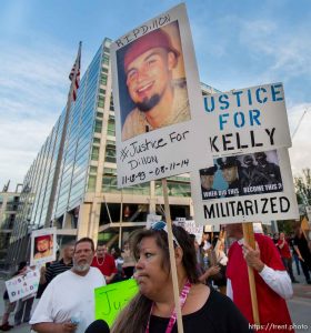Trent Nelson  |  The Salt Lake Tribune Gina Thayne, aunt of Dillon Taylor, speaks at a protest of police shootings, 