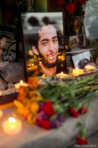 Trent Nelson  |  The Salt Lake Tribune Photos, notes, flowers and a wooden sword at a memorial to Darrien Hunt Sunday September 14, 2014 at the Saratoga Springs Panda Express, where Hunt was shot and killed by police.