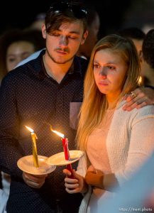 Trent Nelson  |  The Salt Lake Tribune Chad Shennum and Bianca Kurzmann at a candlelight vigil Sunday September 14, 2014 for Darrien Hunt, who was shot and killed by Saratoga Springs police.