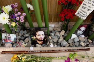 Trent Nelson  |  The Salt Lake Tribune Photos, notes, flowers and a wooden sword at a memorial to Darrien Hunt Sunday September 14, 2014 at the Saratoga Springs Panda Express, where Hunt was shot and killed by police.