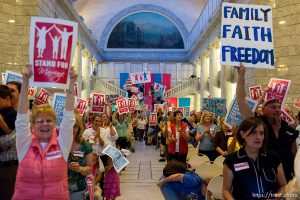 Trent Nelson  |  The Salt Lake Tribune Traditional marriage supporters filled the Capitol Rotunda during a rally in Salt Lake City, Thursday September 18, 2014.