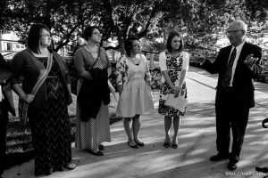 Trent Nelson  |  The Salt Lake Tribune Jim Kelly, father of Ordain Women leader Kate Kelly, speaks to a group of women before they entered a broadcast of the LDS General Priesthood Session at BYU's Marriott Center in Provo Saturday October 4, 2014. The event was one of several planned by Ordain Women.