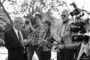 Trent Nelson  |  The Salt Lake Tribune Jim Kelly, father of Ordain Women leader Kate Kelly, is recorded by media cameras while speaking to a group of women before they entered a broadcast of the LDS General Priesthood Session at BYU's Marriott Center in Provo Saturday October 4, 2014. The event was one of several planned by Ordain Women.