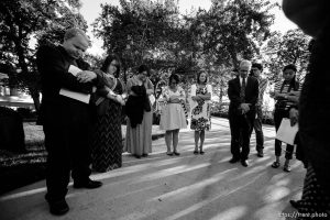 Trent Nelson  |  The Salt Lake Tribune A group of people pray before entering a broadcast of the LDS General Priesthood Session at BYU's Marriott Center in Provo Saturday October 4, 2014. The event was one of several planned by Ordain Women.