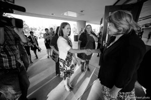 Trent Nelson  |  The Salt Lake Tribune Abby Hansen, left, leads a group of women to the door of BYU's Marriott Center, where they are briefly stopped by volunteer Karen Roberts before being let in to watch a broadcast of the LDS General Priesthood Session, in Provo Saturday October 4, 2014.