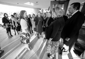 Trent Nelson  |  The Salt Lake Tribune Abby Hansen, left, leads a group of women to the door of BYU's Marriott Center, where they are briefly stopped by volunteers Karen and Michael Roberts before being let in to watch a broadcast of the LDS General Priesthood Session, in Provo Saturday October 4, 2014.
