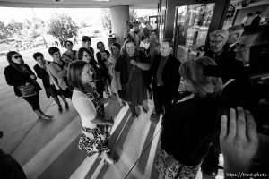Trent Nelson  |  The Salt Lake Tribune Abby Hansen, left, leads a group of women to the door of BYU's Marriott Center, where they are briefly stopped by volunteers Karen and Michael Roberts before being let in to watch a broadcast of the LDS General Priesthood Session, in Provo Saturday October 4, 2014.