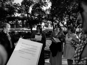 Trent Nelson  |  The Salt Lake Tribune A group of people sing an LDS hymn before entering a broadcast of the LDS General Priesthood Session at BYU's Marriott Center in Provo Saturday October 4, 2014. The event was one of several planned by Ordain Women. Left to right, Zachary Noyce, Ellen Koester, Analisa Estrada, Cheryl Holdaway.