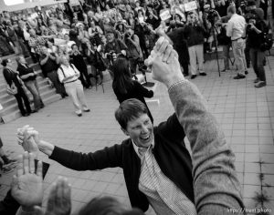 Trent Nelson  |  The Salt Lake Tribune Kitchen v. Herbert plaintiff Kody Partridge celebrates during a rally to celebrate today's legalization of same-sex marriage, Monday October 6, 2014 in Salt Lake City.