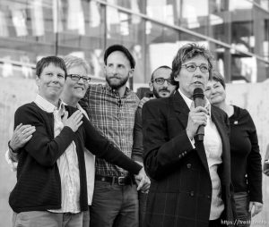 Trent Nelson  |  The Salt Lake Tribune Attorney Peggy Tomsic speaks in front of plaintiffs Kody Partridge, Laurie Wood, Derek Kitchen, Moudi Sbeity and Kate Call at a rally to celebrate today's legalization of same-sex marriage, Monday October 6, 2014 in Salt Lake City.