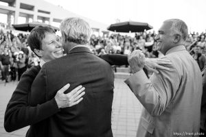 Trent Nelson  |  The Salt Lake Tribune Kitchen v. Herbert plaintiff Kody Partridge hugs Salt Lake City Mayor Ralph Becker and reaches out to Salt Lake County District Attorney Sim Gill during a rally to celebrate today's legalization of same-sex marriage, Monday October 6, 2014 in Salt Lake City.