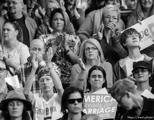 Trent Nelson  |  The Salt Lake Tribune Emotions of all sorts are visible in the crowd at a rally to celebrate today's legalization of same-sex marriage, Monday October 6, 2014 in Salt Lake City.