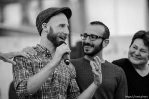 Trent Nelson  |  The Salt Lake Tribune Kitchen v. Herbert plaintiffs Derek Kitchen and Moudi Sbeity speak at a rally to celebrate today's legalization of same-sex marriage, Monday October 6, 2014 in Salt Lake City.