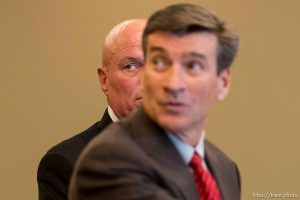 Trent Nelson  |  The Salt Lake Tribune
Bruce Wisan deliberately stands behind his attorney Greg Skordas (in red tie) during his appearance in the Taylorsville court room on a charge of contempt of court and a misdemeanor count of soliciting a prostitute, Thursday October 9, 2014.