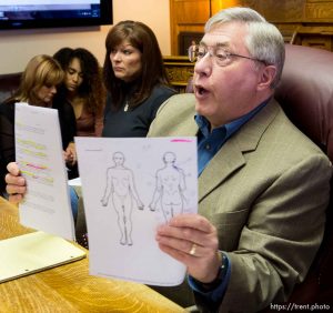 Trent Nelson  |  The Salt Lake Tribune Attorney Robert Sykes, right, and Darrien Hunt's mother Susan Hunt, center, speak at a press conference in Salt Lake City, Friday October 17, 2014. An autopsy report released Friday says Darrien Hunt was shot several times in the back by Saratoga Springs police officers chasing him. At rear is Cindy Moss (Darrien's aunt) and Aliya Hunt (Darrien's sister).