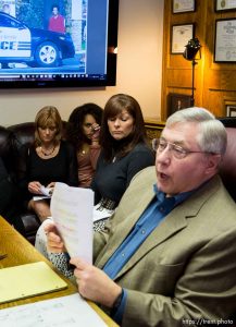 Trent Nelson  |  The Salt Lake Tribune Attorney Robert Sykes, right, and Darrien Hunt's mother Susan Hunt, center, speak at a press conference in Salt Lake City, Friday October 17, 2014. An autopsy report released Friday says Darrien Hunt was shot several times in the back by Saratoga Springs police officers chasing him. At rear is Cindy Moss (Darrien's aunt) and Aliya Hunt (Darrien's sister).