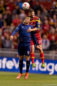 Trent Nelson  |  The Salt Lake Tribune Chivas USA's Erick Torres (9) and Real Salt Lake's Chris Wingert (17) leap for the ball as Real Salt Lake faces Chivas USA at Rio Tinto Stadium in Sandy, Wednesday October 22, 2014.